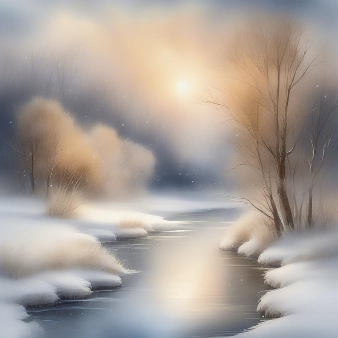 A serene winter landscape with snow-covered trees along a river bank, creating an atmosphere of tranquility and holiday cheer.