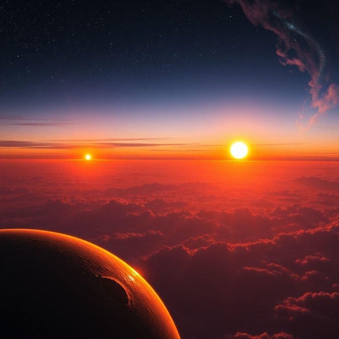 A breathtaking view of two sunsets, one on a distant planet and another over an eerie desert landscape.