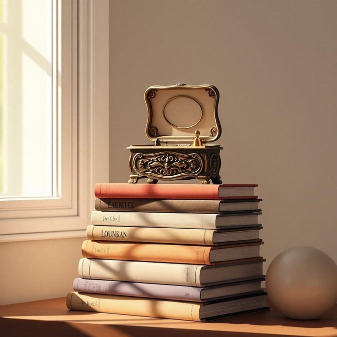 A cozy collection of books stacked neatly on a wooden surface, bathed in soft sunlight.