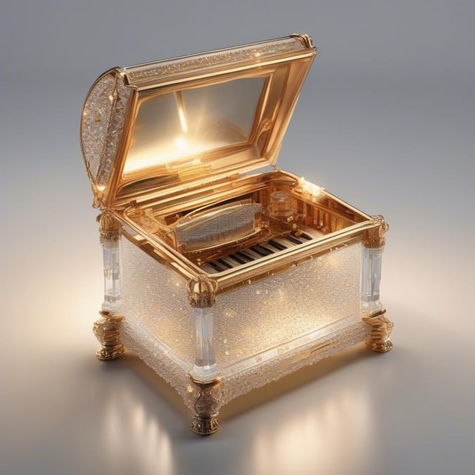 This intricate golden jewelry box sings a song of luxury with its sparkling crystal top and a gentle melody hidden within.