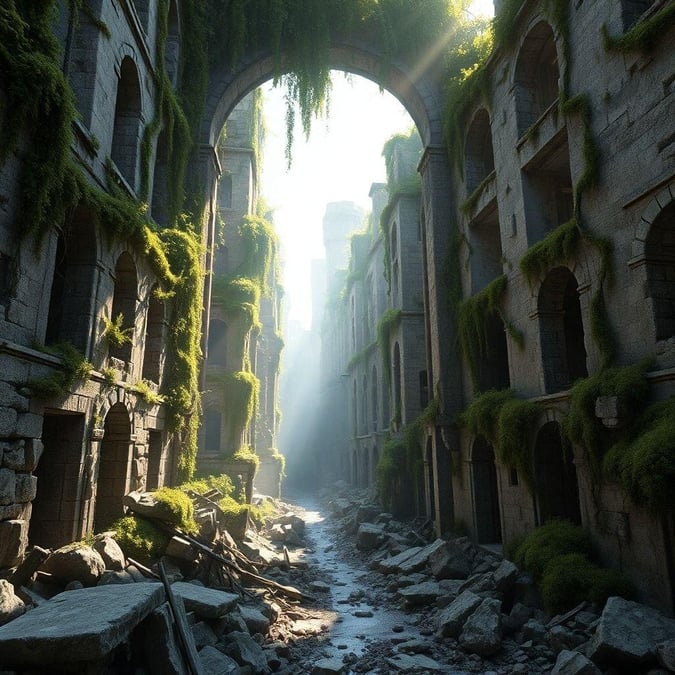 Explore the eerie beauty of an abandoned city, bathed in sunlight that filters through the overgrowth and collapsed structures. Deserted streets beckon adventurers to discover its secrets.