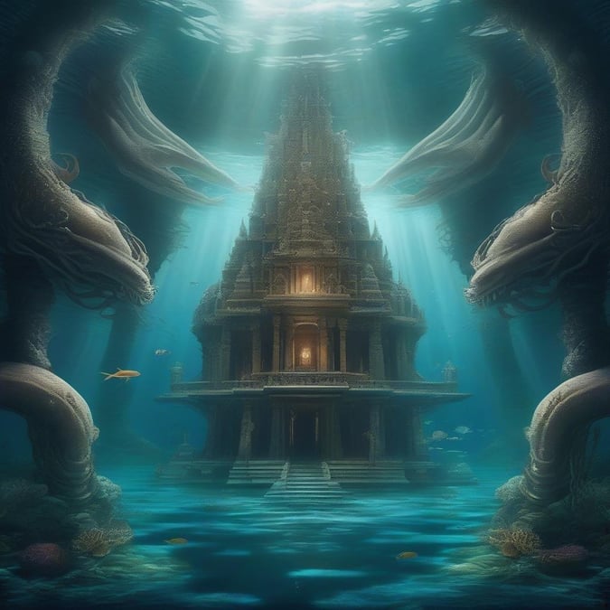 Immerse yourself in the mystical world of fantasy with this stunning underwater temple wallpaper. The intricate architecture and vibrant colors create a captivating scene that transports you to a realm of wonder and magic.