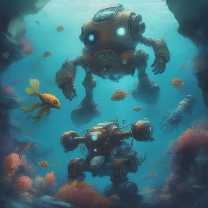 A whimsical scene where robot friends explore an ocean depth, encountering marine life with a sense of wonder.