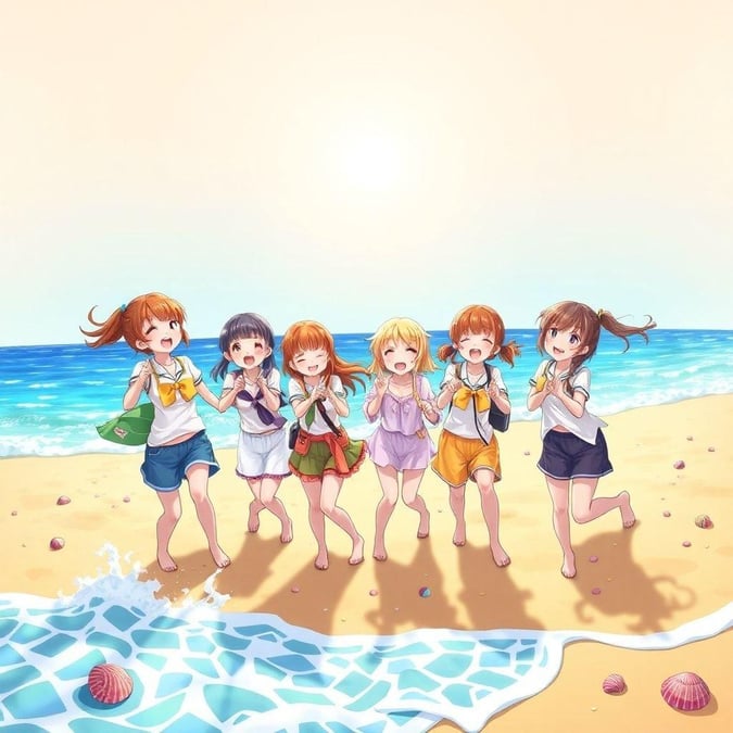 A beautiful wallpaper featuring a group of anime schoolgirls laughing and playing on a beach, with the vibrant scene capturing a moment of joy and fun.