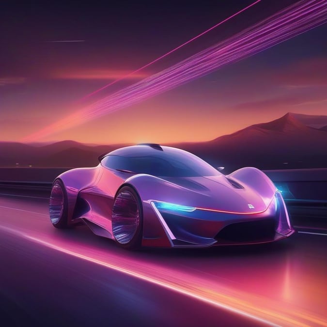 This sleek, futuristic car design exudes speed and innovation. A night scene where the car is blurring past, giving a sense of motion and advanced technology.