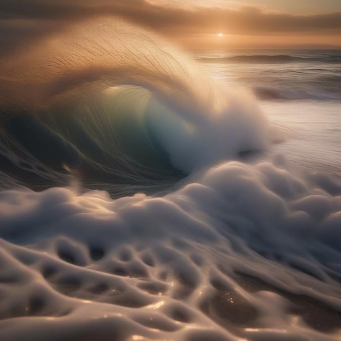 The ocean's beauty unfolds in this stunning scene as waves roll in under the setting sun.