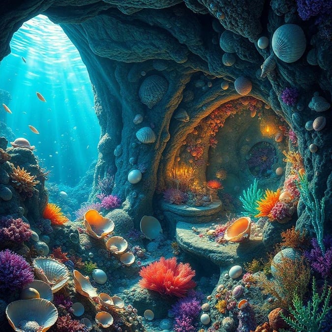 Immerse yourself in the vibrant world beneath the waves, where marine life thrives within the hollow of a rock. The cavern's interior is illuminated by a hidden light source, casting an ethereal glow on the corals and shells that adorn its walls.