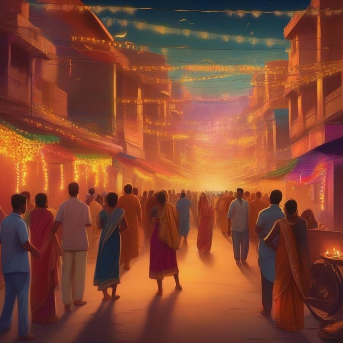 People gathered on a street decorated with lights, lanterns, and banners during the Diwali festival.