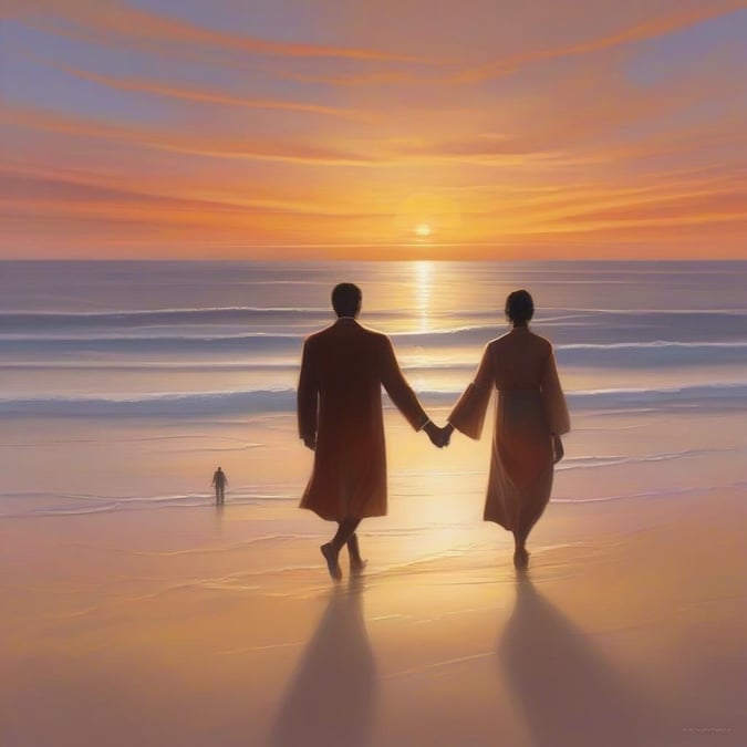 Enjoy a peaceful Valentine's Day evening stroll on the beach with your special someone. Holding hands, the couple shares this serene moment as the sun dips below the horizon.