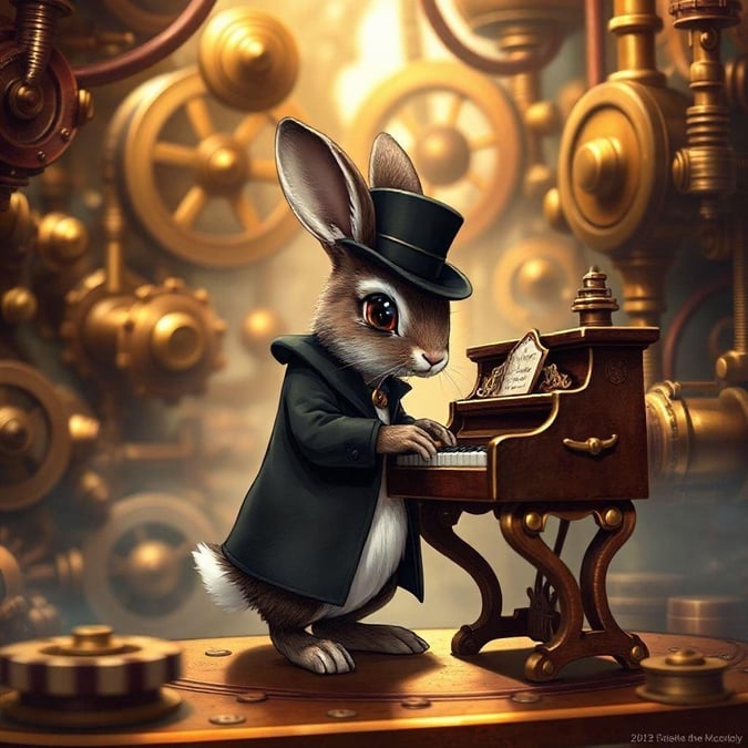 This captivating wallpaper features a charming steampunk-inspired scene, where a small rabbit takes center stage, playing a tiny piano with elegance and grace. The intricate details of the steampunk elements in the background add a touch of mystery and intrigue, making this image a perfect fit for fans of the genre.