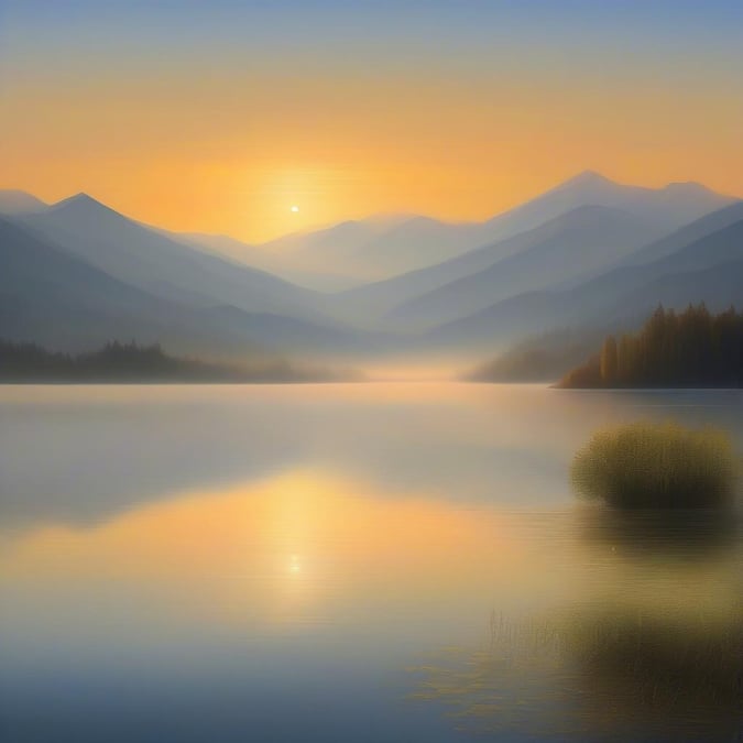 A peaceful landscape featuring a lake, mountains, and trees, with a vibrant yellow and blue sky and a still lake, creating a sense of calmness and relaxation.