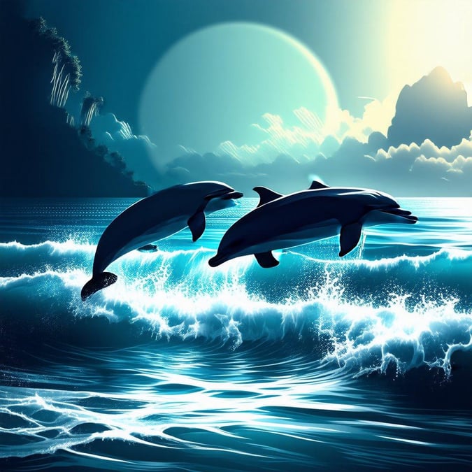 Two playful dolphins leap above the vast, blue ocean horizon, where a majestic moon rises over distant islands.