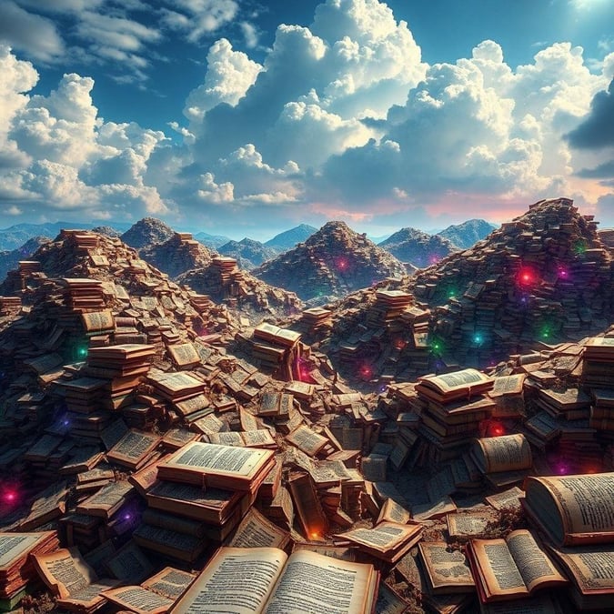 Immerse yourself in the breathtaking beauty of this 3D art wallpaper, where towering mountains of books stretch towards the sky, creating a surreal and captivating landscape that will transport you to a world of knowledge and wonder.