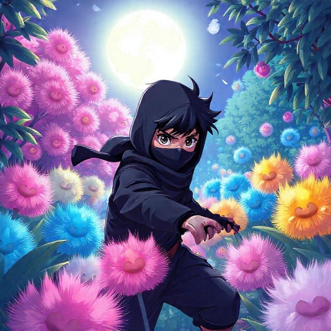 Denna fängslande anime-bakgrund visar en ung ninja som navigerar i en månbelyst trädgård fylld med färgglada, fluffiga fällor. Illustrationen visar ett ögonblick av lugn, med ninjans beslutsamma blick som tillför intriger.