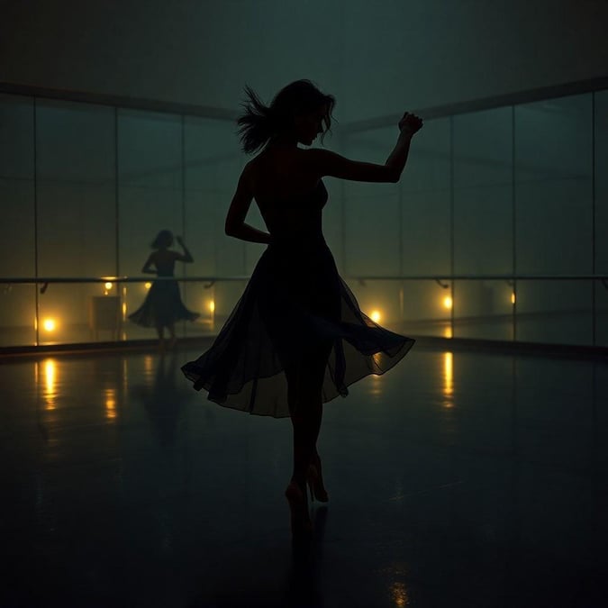 A graceful ballet dancer poised mid-dance, surrounded by a reflective environment.