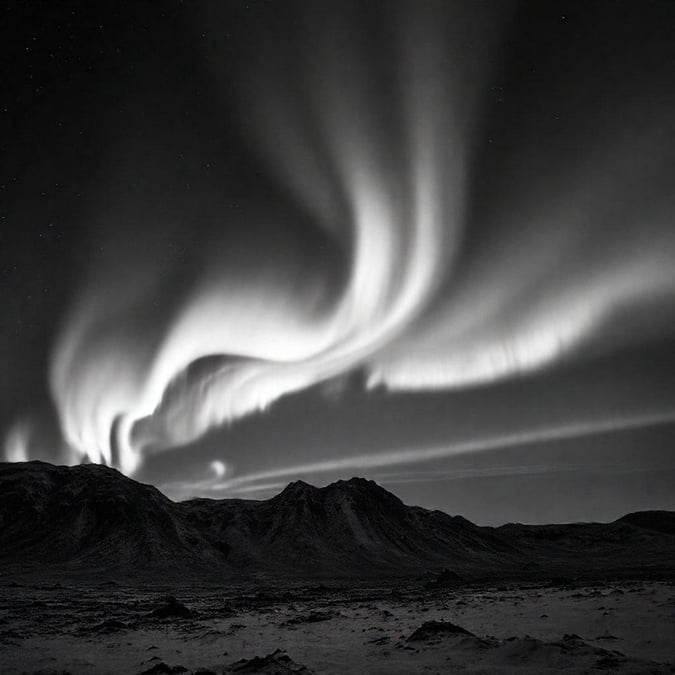 A black and white aurora display over a mountainous landscape, captured during nighttime.