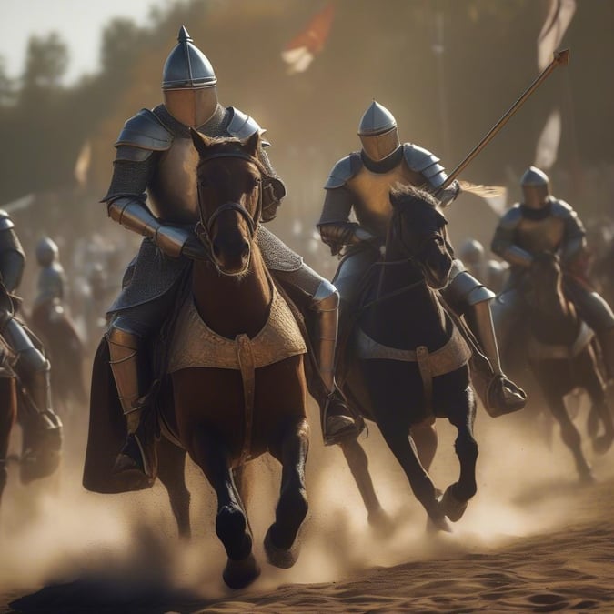 A dynamic scene from a fantasy video game, featuring brave knights in armor galloping through an open landscape on their noble steeds.