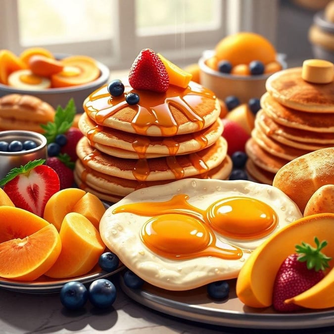 Start your day with a mouthwatering breakfast spread featuring fluffy pancakes, sunny-side eggs, and fresh fruit.