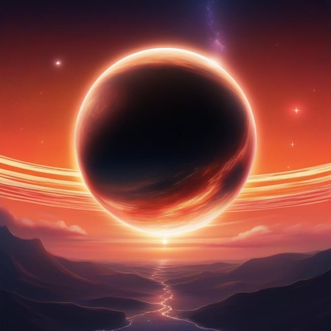 A detailed digital illustration of a serene cosmic scene, featuring a lone celestial body floating above a vast expanse of space. The vibrant orb, radiating warm red and orange hues against the cooler tones of its surroundings, evokes a sense of isolation in the grand emptiness of space. The starry backdrop fades into a soft twilight horizon where distant mountains hint at an unseen landmass. This image captures the quiet beauty and mystery of our cosmos.