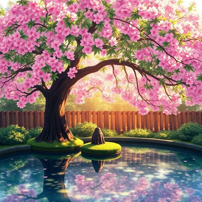 Immerse yourself in the tranquility of a Japanese garden, where a majestic cherry blossom tree stands tall amidst a serene pool, surrounded by a wooden fence, bathed in warm light.