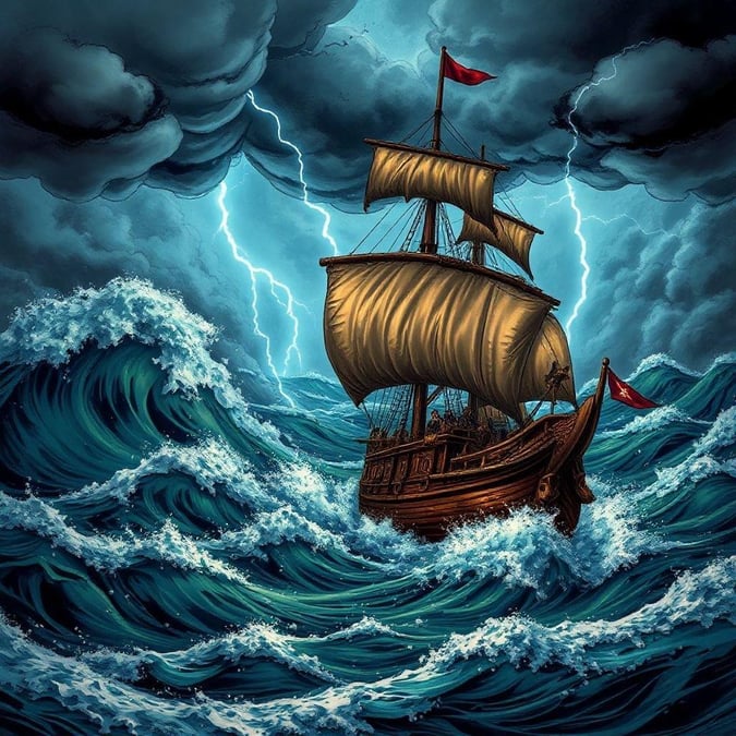 An epic scene of adventure on the high seas amidst a fierce storm. Sail the waves with your ship, trust your crew, and weather the tempest to reach new horizons.