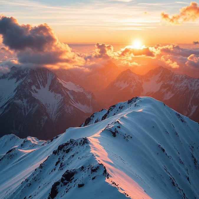 Experience the breathtaking view of snow-capped mountains bathed in the warm hues of a sunset.