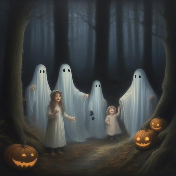 A casual, eerie scene featuring two children greeting three friendly ghosts on a forest path. They are surrounded by traditional Halloween decorations like pumpkins.