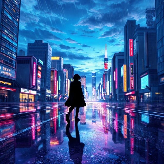 Denna bild skildrar en futuristisk stadsbild av Tokyo vid skymningen, där de blöta gatorna reflekterar neonlys och den mystiska blå himlen. Scenen fångar ett ögonblick av lugn när en suddig figur i svarta kläder går mot den, vilket ger en känsla av mysterium till stadslandskapet.