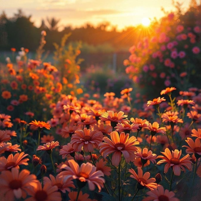 A peaceful scene of nature with sunlit flowers in full bloom, set against the gentle transition from day to night.