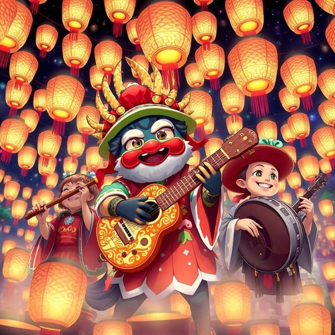 An enchanting night at the lantern festival, where yokai musicians bring life to the celebration with their magical melodies.