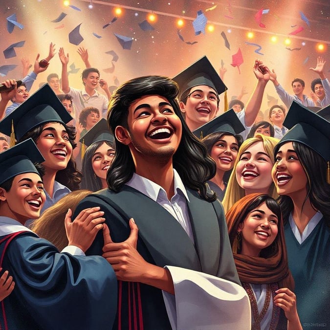 An illustration capturing the happiness and pride of a graduate surrounded by their family, friends, and fellow students as they celebrate their academic achievements.