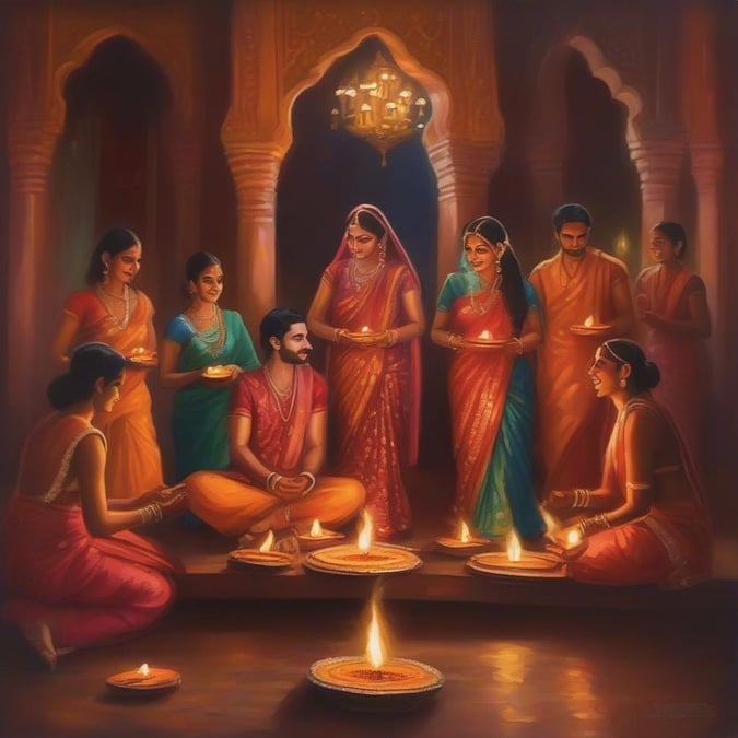 A family gathered in a traditional Indian room, participating in the joyous celebration of Diwali. The atmosphere is warm and festive as they enjoy each other's company, lit by the soft glow of diyas.