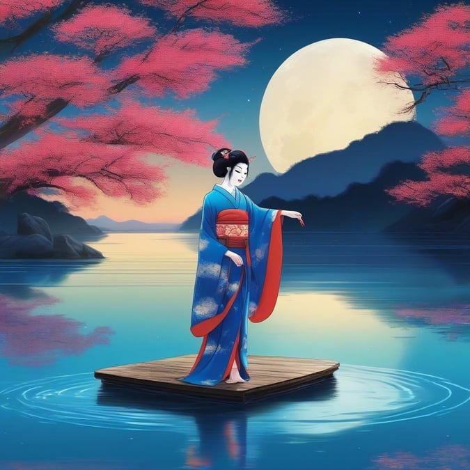 En lugn anime-stil illustration av en geisha som utför en traditionell dans på den stilla ytan av en sjö. Scenen belyses av det mjuka skenet från en fullmåne, och de lugna vattnen speglar de livliga rosa blommorna från körsbärsträden längs stranden. Denna bakgrundsbild fångar ett ögonblick av fredlig skönhet.