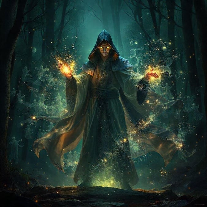 A fantastical scene featuring a wizard casting powerful spells in a mystical forest setting.