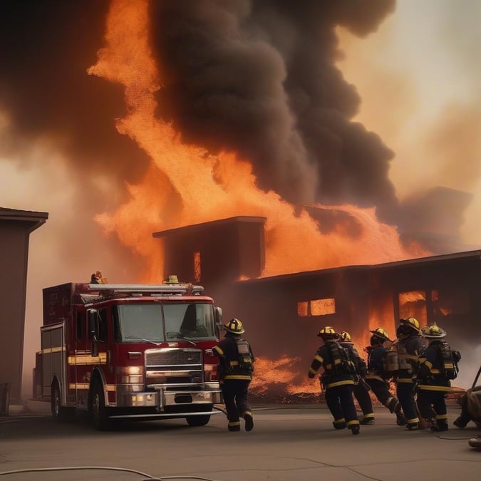 A fiery scene in the heart of the city as firefighters work to contain a building blaze. Their bravery and teamwork bring hope amidst the chaos.