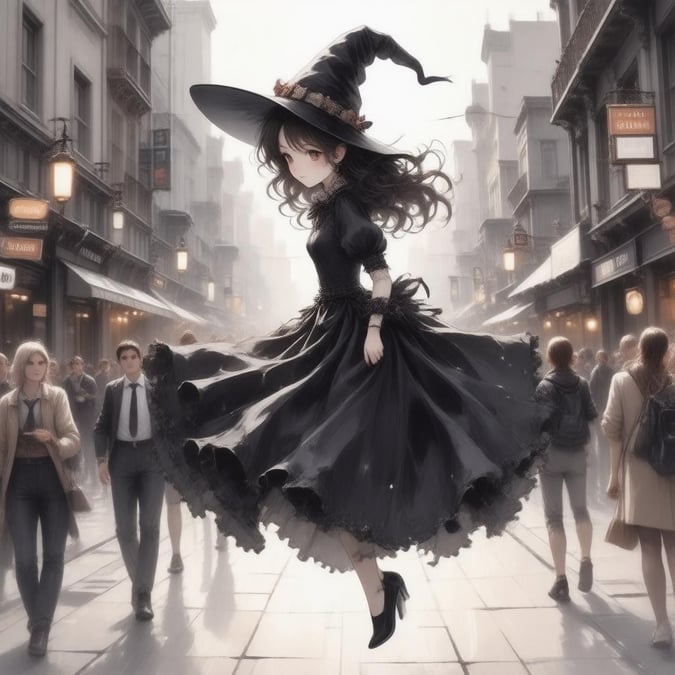 Tauche ein in eine Welt voller Fantasie und Abenteuer mit dieser atemberaubenden Anime-Illustration. Eine junge Hexe, gekleidet in einem fließenden schwarz-weißen Kleid, schwebt über einer geschäftigen Stadtstraße, ihr Blick nach links gerichtet, während sie ihre Umgebung erkundet. Der verschwommene Hintergrund verstärkt das Gefühl von Bewegung und Energie und zieht das Auge des Betrachters zur Hexe und ihrer geheimnisvollen Präsenz. Egal, ob du ein Anime-Fan bist oder einfach nur nach einem einzigartigen und fesselnden Bild suchst, diese Illustration wird dich begeistern.