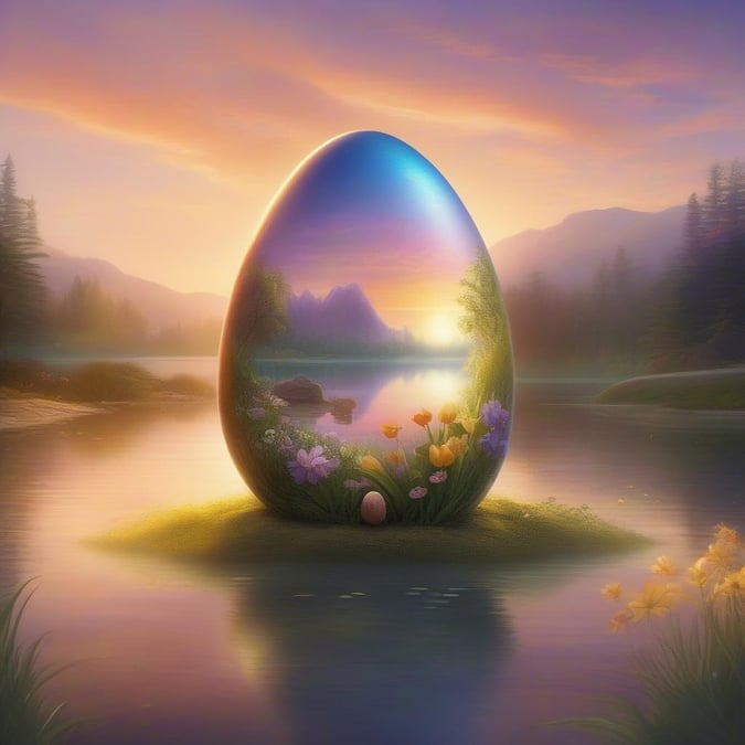 This beautiful Easter egg landscape wallpaper features a serene and peaceful scene with a large egg in the center, surrounded by lush greenery and vibrant flowers. The egg is adorned with intricate designs and patterns, adding to its beauty and charm. The background of the image is a soft, pastel color, which complements the natural colors of the egg and flowers. This wallpaper is perfect for anyone looking to add a touch of elegance and sophistication to their device.