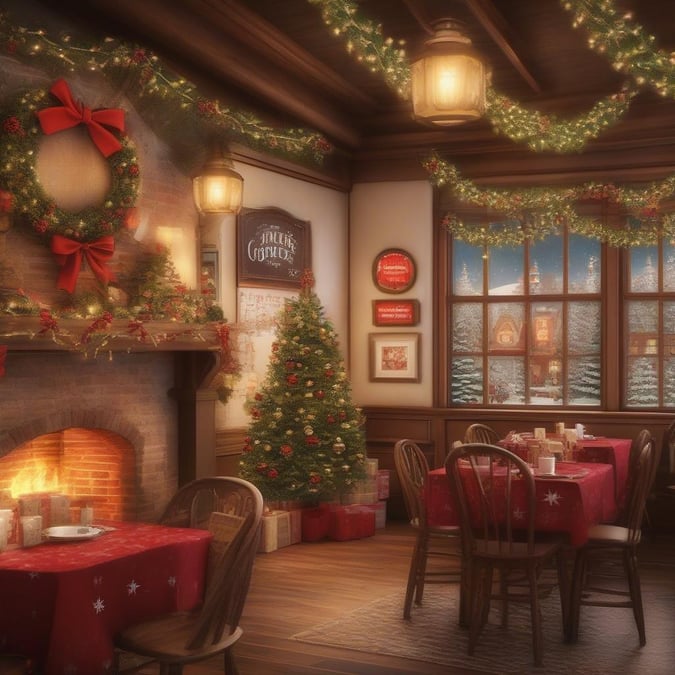 A cozy holiday scene featuring a dining table set with festive decorations, ready for a traditional Christmas meal. The room is adorned with twinkling lights and garlands, creating a sense of warmth and celebration.