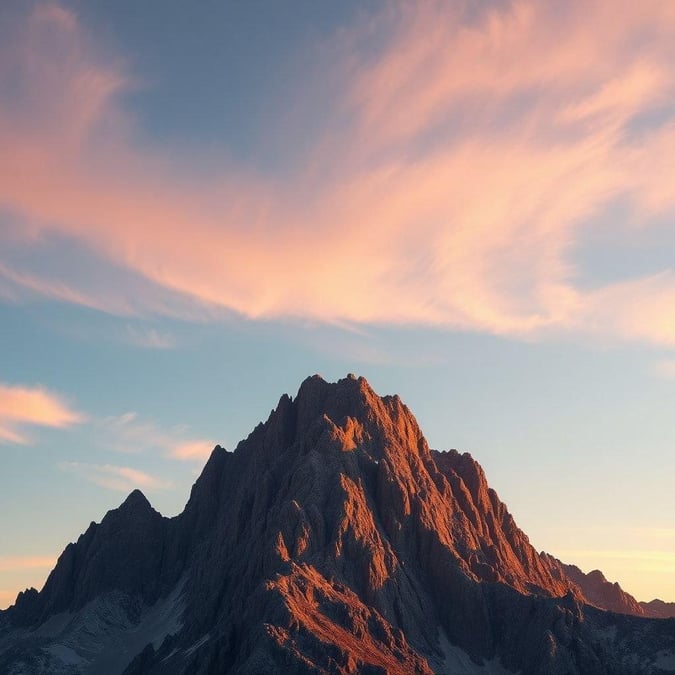 This breathtaking scene captures the serene beauty of a mountain peak during a stunning sunset. The vibrant hues in the sky blend harmoniously with the warm glow on the mountain, creating a picturesque view that invites reflection.