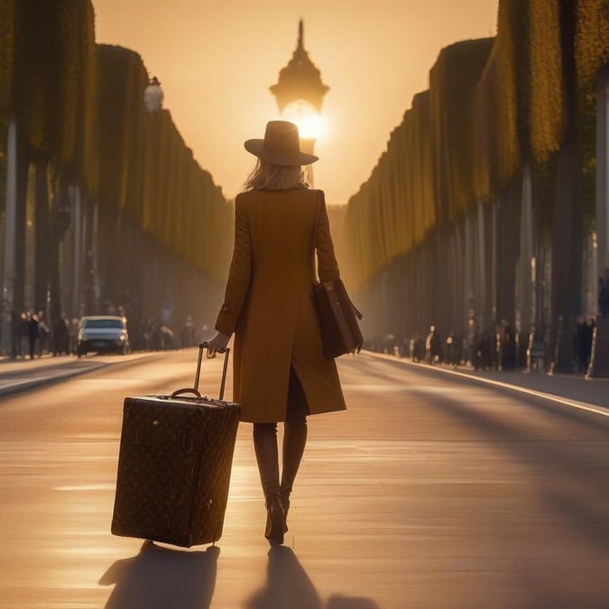 A fashionable woman in a designer coat and hat strides down the street with her luggage, enjoying the warm sunset ambiance of the city.