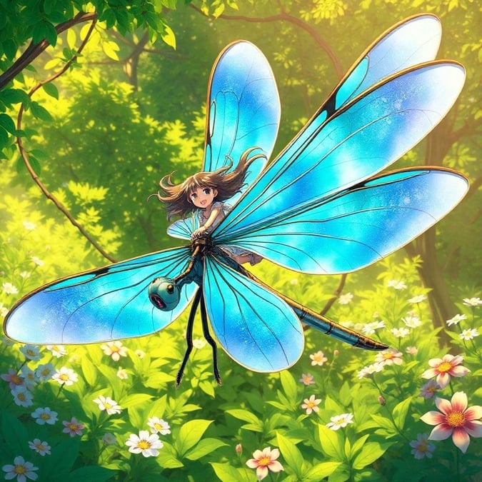 An enchanting scene where a young girl soars through a verdant forest on her magnificent blue and green dragonfly. The dragonfly's wings spread wide, reflecting the serene environment around them. This detailed anime illustration captures a moment of wonder and freedom in nature.