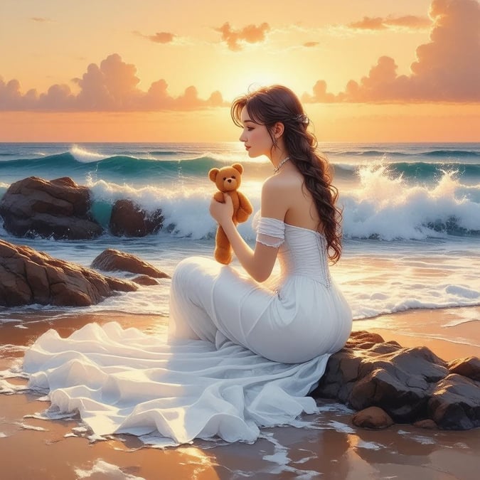 A serene anime illustration of a mermaid princess sitting on a rocky beach at sunset, holding a teddy bear and gazing directly at the viewer.