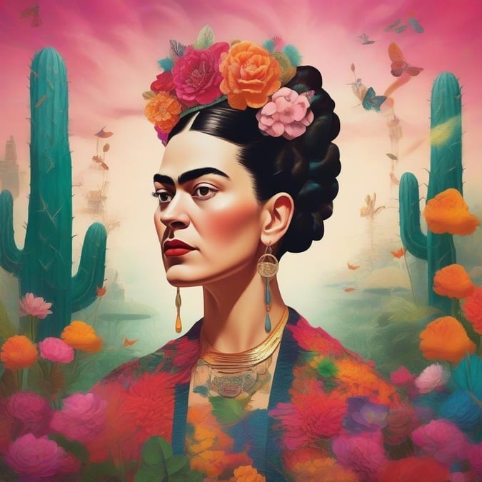 A vibrant and colorful illustration of the iconic Mexican painter, Frida Kahlo, adorned with flowers in a floral crown. The backdrop is a beautiful sunset with cacti and flowers, capturing her spirit and artistic inspiration.