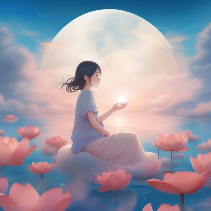 In this tranquil scene, a young girl finds solace on the petals of a giant lotus flower. The sky above her is a soft blue canvas adorned with wispy clouds and a full moon, adding to the serene ambiance. Her face is partially obscured by the gentle mist that envelops her, further emphasizing the dream-like quality of this setting.