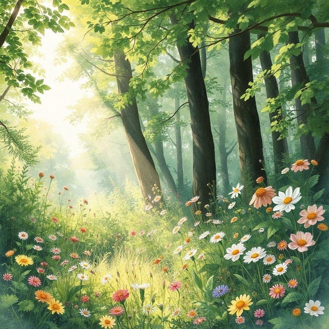 A serene forest scene with a variety of colorful flowers blooming in the foreground, set against a backdrop of towering trees and lush greenery.