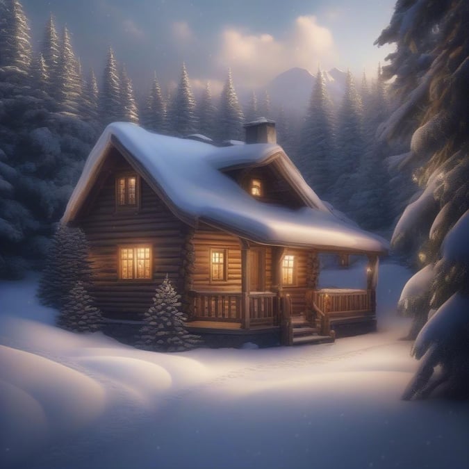 A warm, snowy evening at a quaint cabin nestled in a woodland during the holiday season.