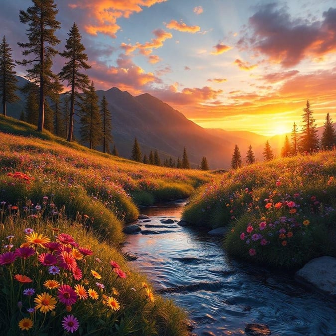 Glorious sunrise in a pristine mountain meadow blanketed with vibrant wildflowers and dotted with towering pines.