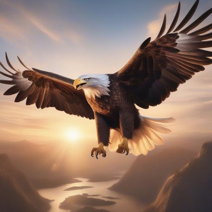 Embrace the freedom of flight with this majestic eagle soaring above a serene mountain landscape at sunrise.