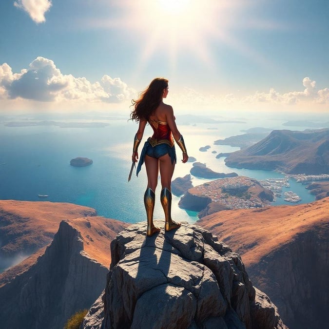 This stunning wallpaper features Wonder Woman standing on a cliff, gazing out at the vast ocean below. The image captures the essence of the iconic superhero, with her powerful stance and determined expression.