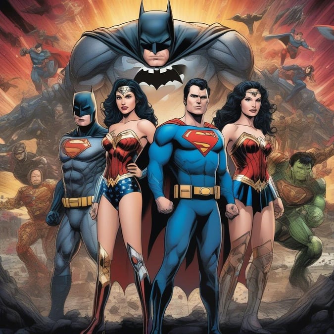 Gathered together, the mightiest heroes of the DC Universe stand united against evil. Batman, Wonder Woman, Superman, The Flash, and Aquaman are captured in this dynamic image, ready to defend their world.